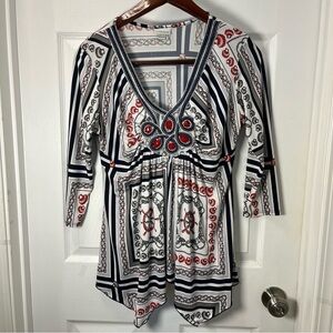 Boston Proper made in USA Tunic Top  Navy Red and White Patterned Size Medium